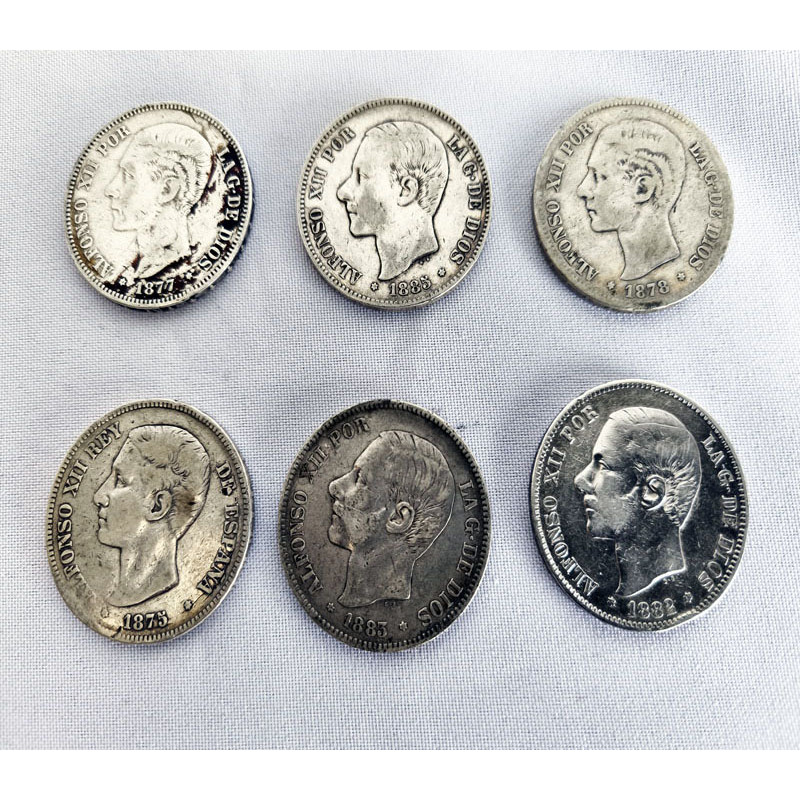 6 MONEDAS DE PLATA DE 5 PESETAS DE ALFONSO XII