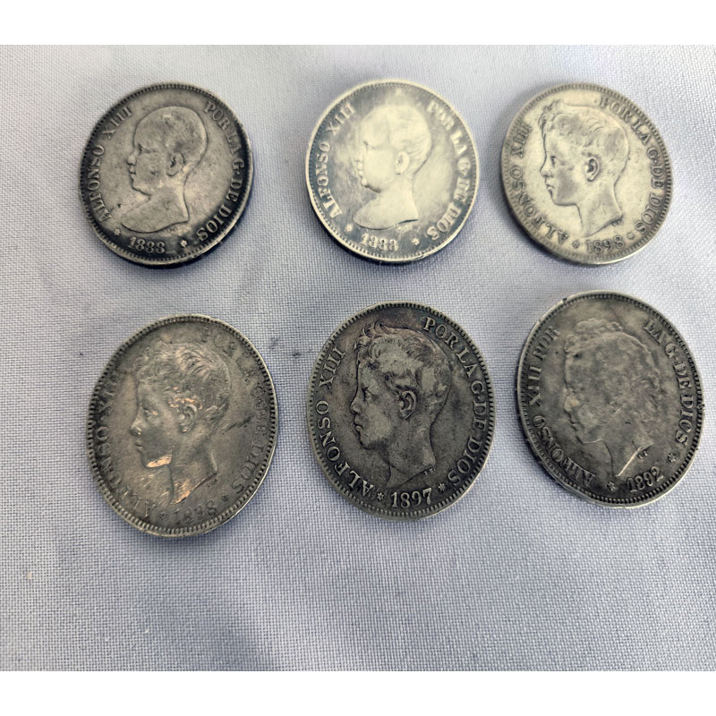6 MONEDAS DE CINCO PESETAS DE PLATA DE ALFONSO XIII
