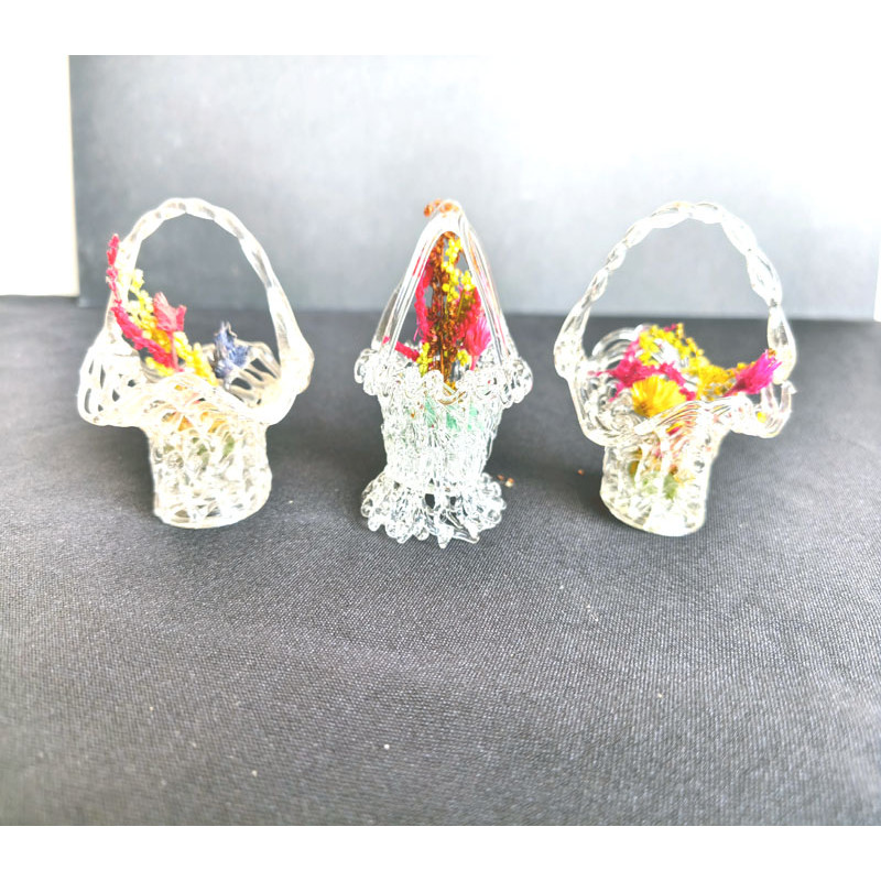 3 CESTAS DE CRISTAL ARTESANO CON FLORES SECAS