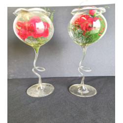 PAREJA DE COPAS RIZADAS DE CRISTAL SOPLADO CON FLORES MEDIANAS